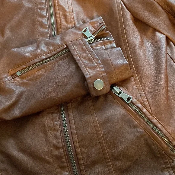 ana Faux Brown Leather Jacket Size Medium Moto Zipper - Picture 7 of 12